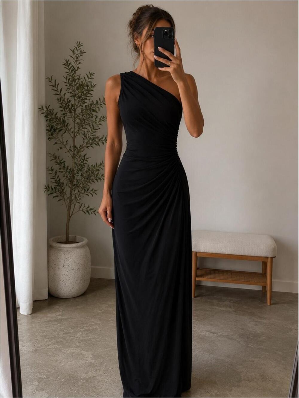 Betsy & Adam Black One-Shoulder Ruched Evening Dress Size 4 NWOT